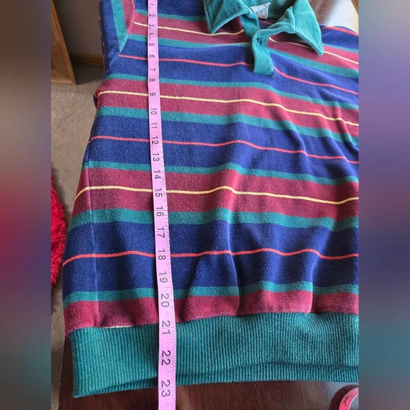 Vintage 70s Campus Velour Striped Polo Shirt - Men’s Large - Retro Mod - Picture 4 of 6